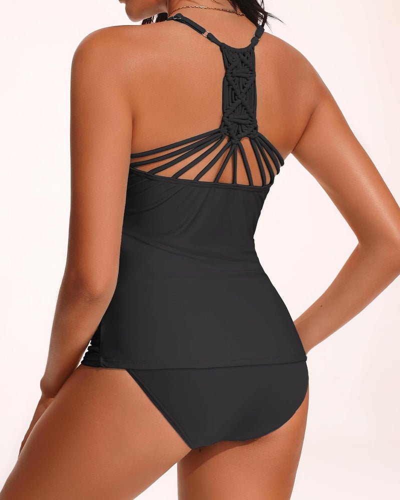 Holipick Women Solid Black Tummy Control Two Piece Tankini Set Swimsuit V Neck Tankini Top Bathing Suits with Bikini Bottom XL(US 16) - Image 2